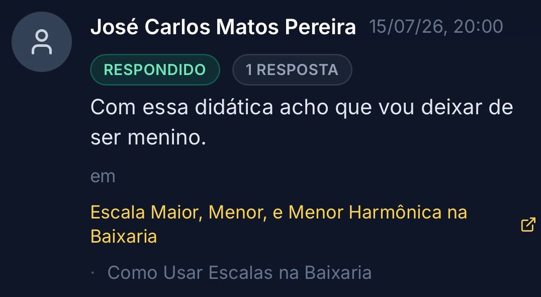 José Carlos Matos Pereira, na aula Escala Maior, Menor e Menor Harmônica na Baixaria: “Com essa didática acho que vou deixar de ser menino.”